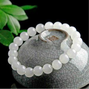 Natural 8mm White Jade Round Gemstone Beads Stretch Bracelet 7.5'' Women's